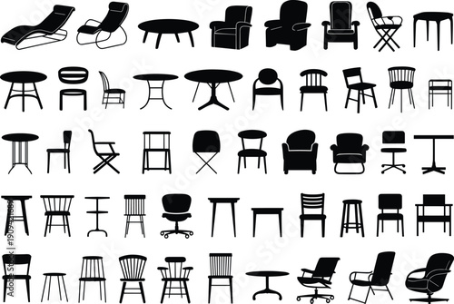 Furniture silhouettes collection, modern chairs tables armchairs stools set, black vector icons isolated, interior design elements minimalist illustration pack