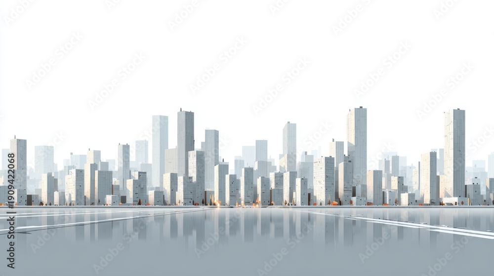 Fototapeta premium Digital artwork of a futuristic empty city skyline with sleek skyscrapers and reflective surface, ideal for technology, innovation, or urban development concepts
