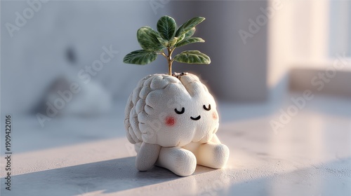Whimsical 3D brain character with cheerful expression and sprouting plant symbolizes creativity, mental growth, and positive mindset for education or wellness themes