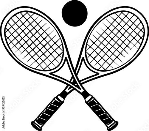 Crossed Tennis Rackets and Ball Black and White Vector Icon for Sport Logo or Emblem Design
