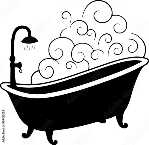 Black Silhouette Vector Icon of Vintage Claw-Foot Bathtub with Shower and Curly Soap Bubbles for Bathroom Design and Spa Relaxation