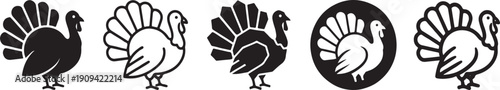 Five hand-drawn Thanksgiving turkeys in black and white flat design vector illustration