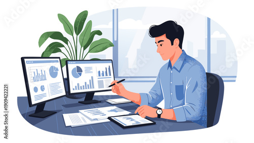 Vector illustration of a businessman analyzing data on computer screens and documents in a modern office environment from a slightly angled viewpoint 97.eps reference
