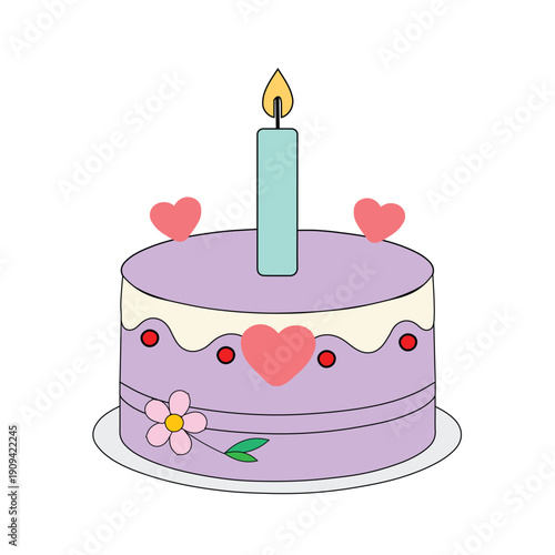 Cute Pastel Purple Birthday Cake Vector with Candle and Hearts Illustration