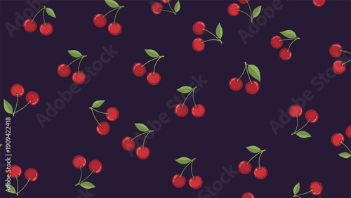 Vibrant cherry pattern displays small clusters of red fruit with green leaves repeated across a dark purple or black background.