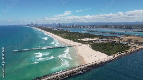 Aerial drone video of the spit, Gold Coast