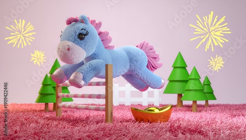 Playful blue plush pony leaping over a hurdle in a whimsical festive setting