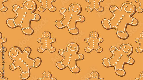 Festive gingerbread man cookie pattern showcases rows of baked holiday treats with white icing details on a warm brown background.