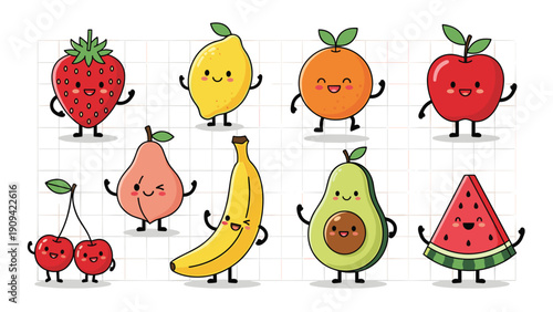 Set of kawaii fruit characters features various smiling fruits like strawberry, lemon, apple, and banana arranged in two rows.