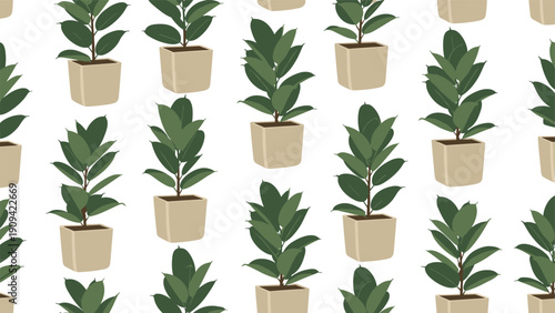 Seamless houseplant pattern displays rows of tall green rubber plants in square beige pots against a clean white background.