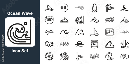 A comprehensive set of minimalist line icons titled Ocean Wave Icon Set featuring various styles of ocean waves, surfing symbols, marine life, and nautical elements.