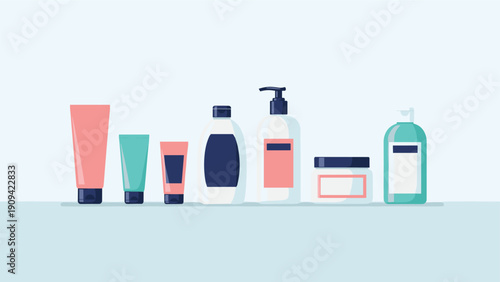 Beauty and skincare product set includes various pink, teal, and white bottles, tubes, and jars for cosmetics and body care.
