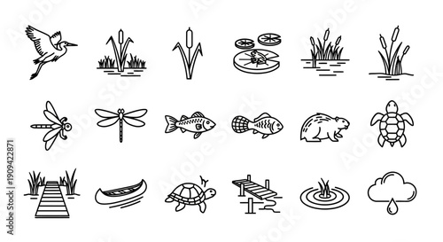 Set of various wetland and swamp animals, plants, and objects icons in black and white.