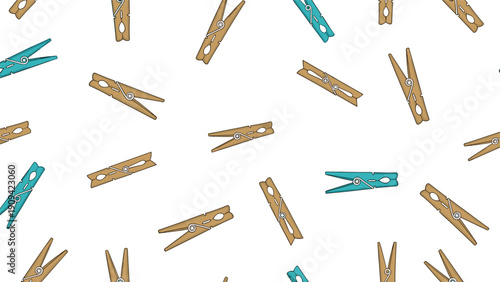 Clothespin pattern showcases a mix of wooden brown and teal plastic pegs scattered randomly across a clean white background.