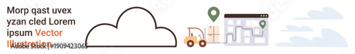 Logistics management, cloud storage, supply chain, transportation, warehouse operations, digital infrastructure. Forklift near a warehouse building with a cloud icon. Logistics management and cloud
