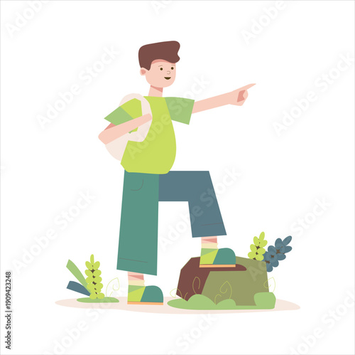Kid pointing forward. Travel concept flat vector illustration