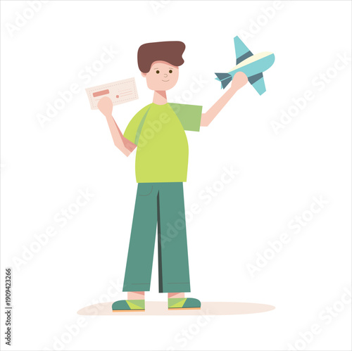 Kid holding airplane and ticket. Travel flat vector illustration
