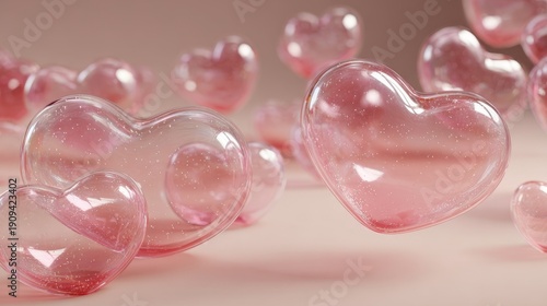 Dreamy Pearlescent Pink Glass Hearts Scattered, Reflecting Soft Light.