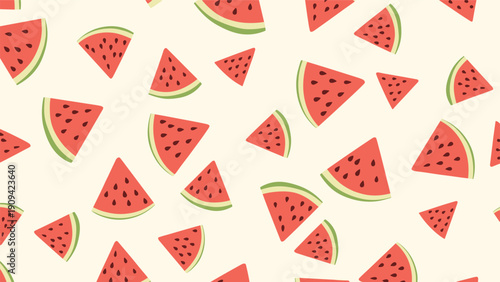 Refreshing watermelon pattern features numerous triangular slices of red fruit with black seeds scattered on a cream background.