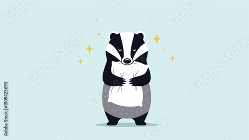 Sleepy badger character is shown holding a white pillow among golden stars in a cute bedtime illustration on a blue background.