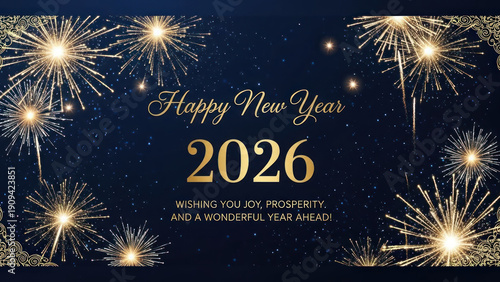 Festive New Year greeting card with fireworks and celebratory message for 2026.