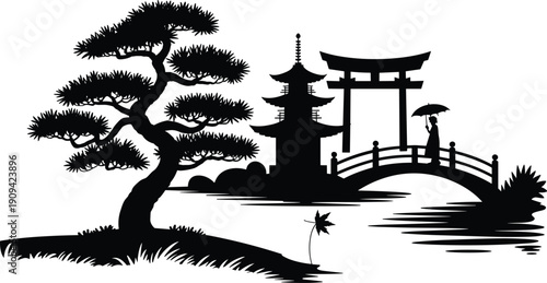 Japanese garden silhouette with bonsai tree, pagoda temple, torii gate, bridge and woman with umbrella vector illustration