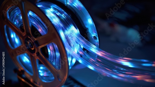 Dynamic Blue and Purple LED Light Stream on Spool in Dark, Futuristic Glow.