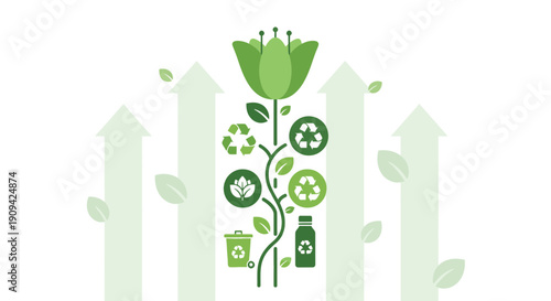 Eco-Friendly Growth: Flower with Recycling Icons and Upward Arrows