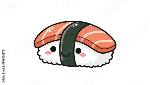 Adorable cartoon sushi character with a smiling face and pink cheeks representing Japanese cuisine on white background.