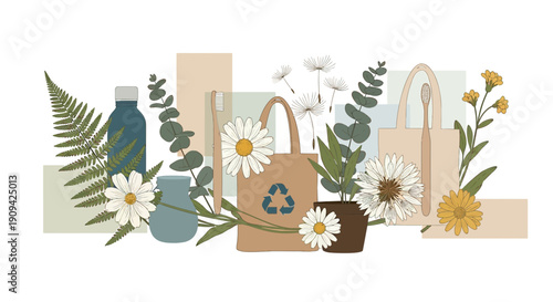 Eco-Friendly Lifestyle Flat Design with Botanical Flowers and Reusable Bags