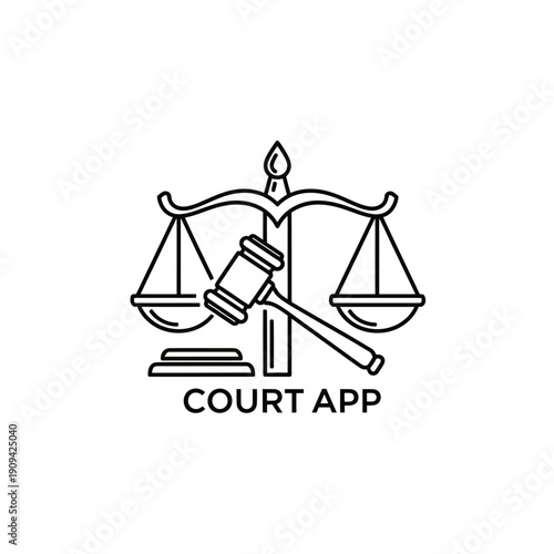 A black and white line art depicting scales of justice with a gavel, with "COURT APP" below