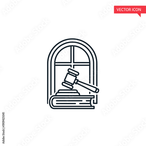 A law-related icon featuring a gavel over a book set in an arched window frame