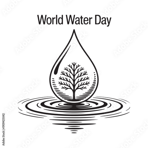 World water day illustration featuring a droplet with a tree and concentric ripples