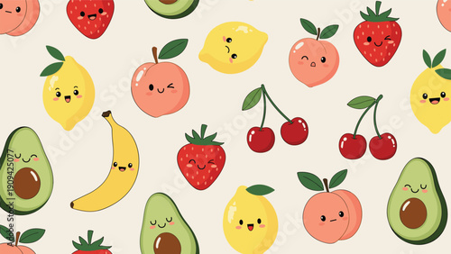 Colorful seamless pattern featuring various cute cartoon fruits like lemons, strawberries, peaches, and avocados on white.