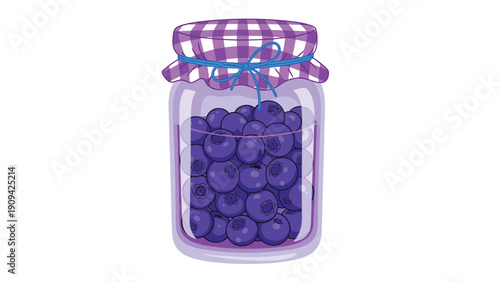 Illustration of a glass jar filled with fresh blueberries topped with a purple gingham fabric cover and blue ribbon.