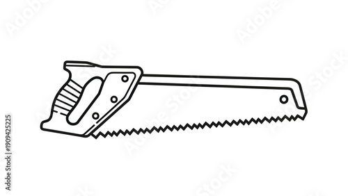 Line art image of a hand saw. Features a handle, blade, and teeth, on a white backdrop
