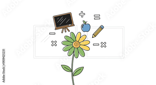 Education and Math Concept: Blooming Flower with School Supplies and Symbols