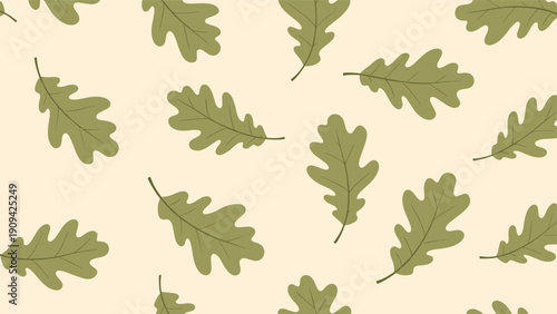 Simple seamless pattern of green oak leaves scattered across a light beige background for autumn and nature themes.