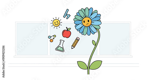 Education Concept: Flower with School Supplies and Science Icons
