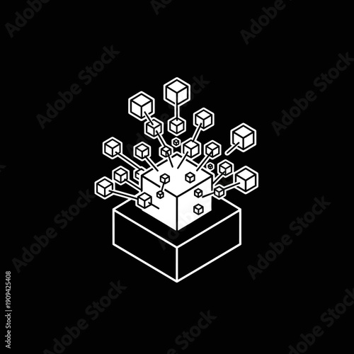 White isometric cubes interconnected with lines, emanating from a core structure on black
