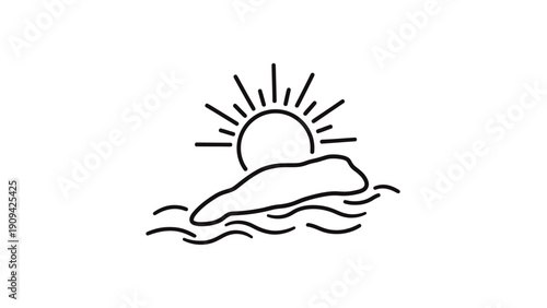 Minimalist outline art depicting the sun rising over water and an island
