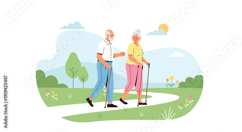 Elderly Couple Walking on Park Path with Walking Sticks, Healthy Lifestyle