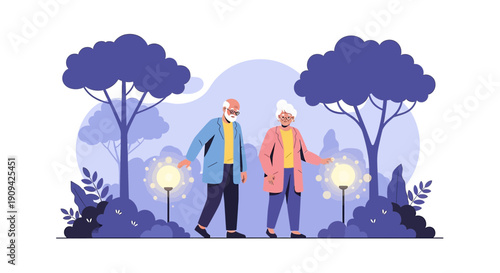 Elderly Couple Strolling in a Park at Dusk with Glowing Lanterns