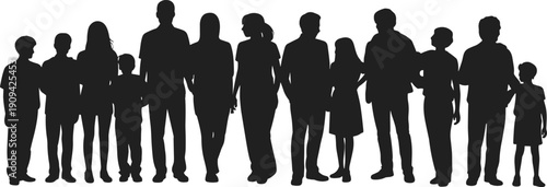 Large diverse family crowd silhouette, men women children standing together isolated on white background, unity community concept vector
