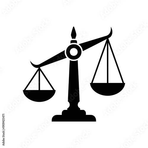 Black silhouette of a balanced scale with two trays, a central column and a decorative top