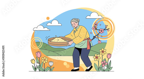Elderly farmer woman sifting grain in a spring garden with blooming flowers
