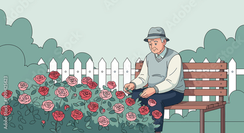Elderly Man Tending Rose Garden on Wooden Bench, Peaceful Retirement
