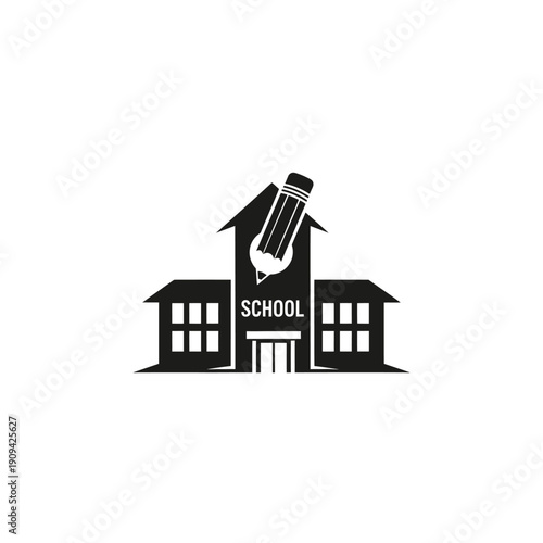 Simple black and white illustration of a school building with a pencil piercing the roof