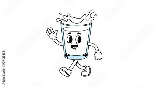 Cartoon character of a glass of milk with a happy face, arms, and legs waving its hand on a clean white background.