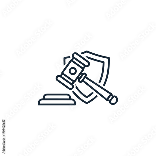 Line art icon of a gavel, shield, and block, symbolizing law and justice